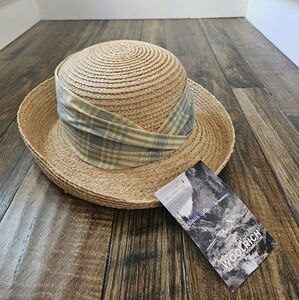 New Woolrich Outdoor Straw Sun Hat with Blue‎ Plaid Band.